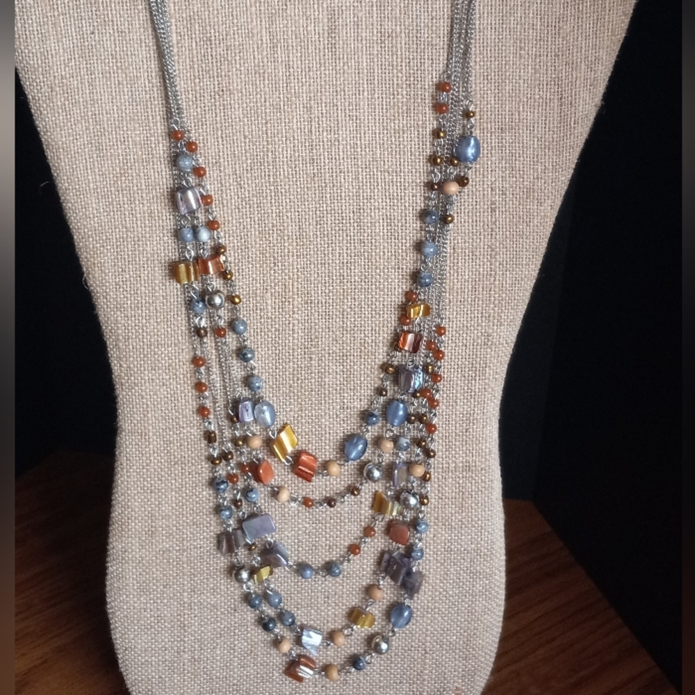 Silver Tone 5 Strands Gemstone, MOP Shell & Glass Beads Statement Necklace